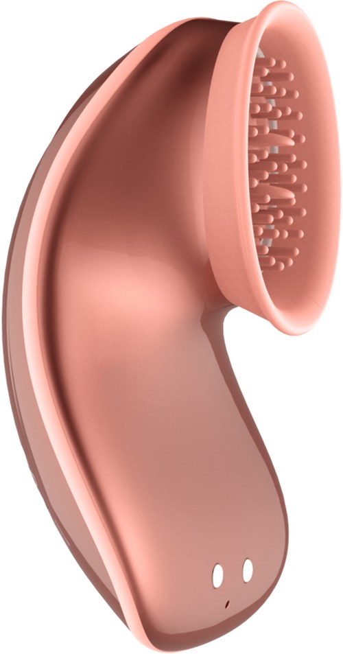 A peach-colored smartphone massage device with a curved shape and textured head for massaging skin.