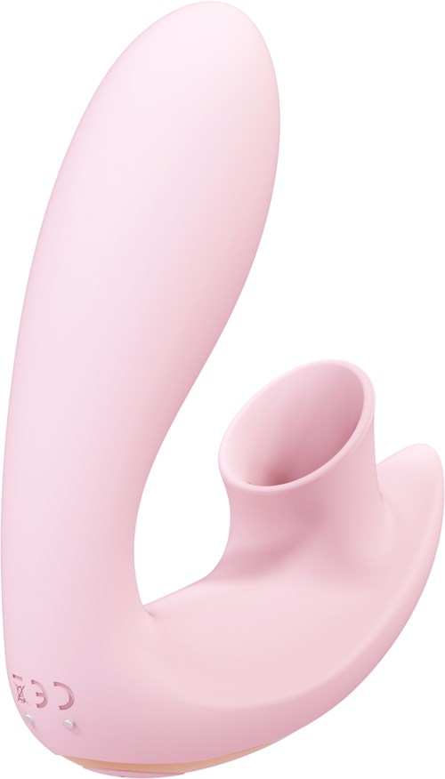A light pink, curved object with a hollow opening, resembling a personal massager or device. Simple design.