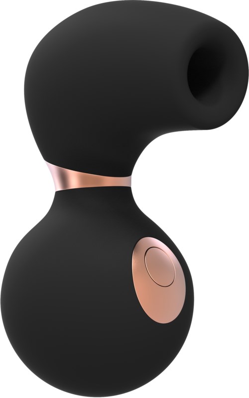 A small, black, curved gadget with pink accents and a circular button, designed for personal use.