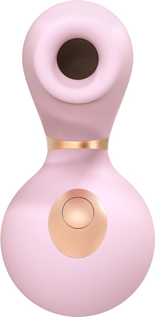 A pink, rounded device with a large black opening, gold accents, and a button on the bottom.