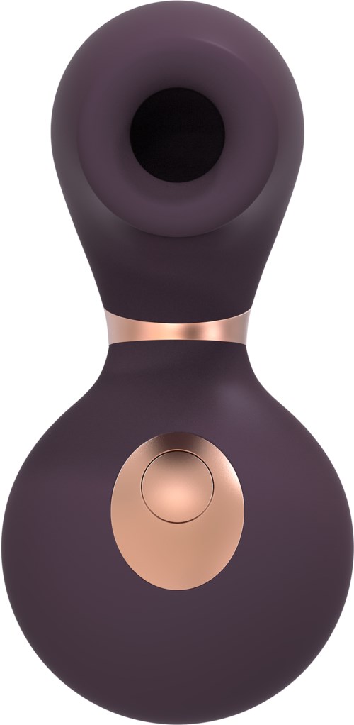 A two-part black device with rose gold accents, rounded shapes, and a central control button.