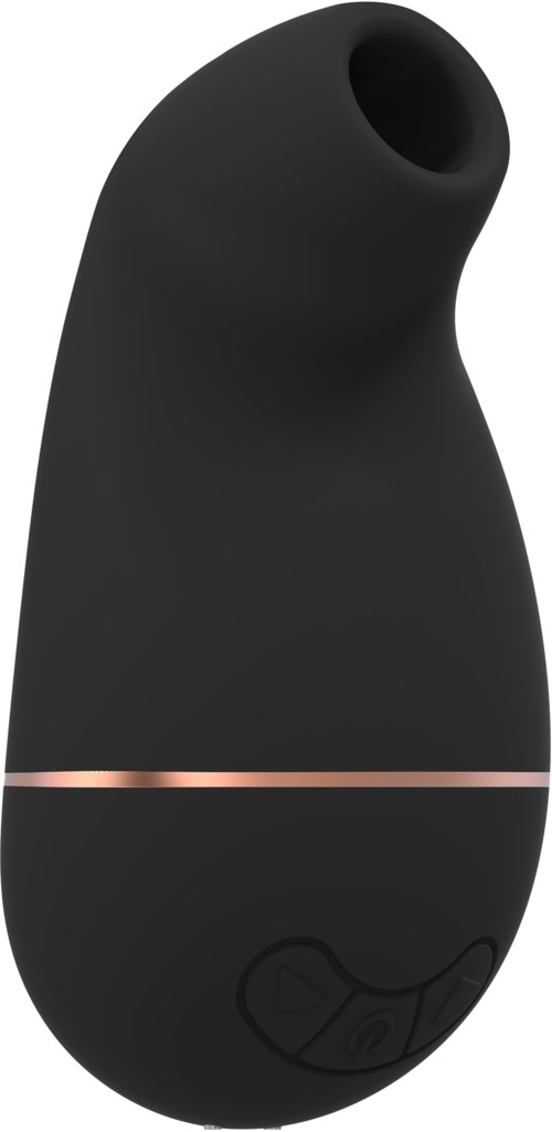 En liten svart enhet med avrundet form og et hull oppå, sannsynligvis en personlig massasjeger eller vibrator.