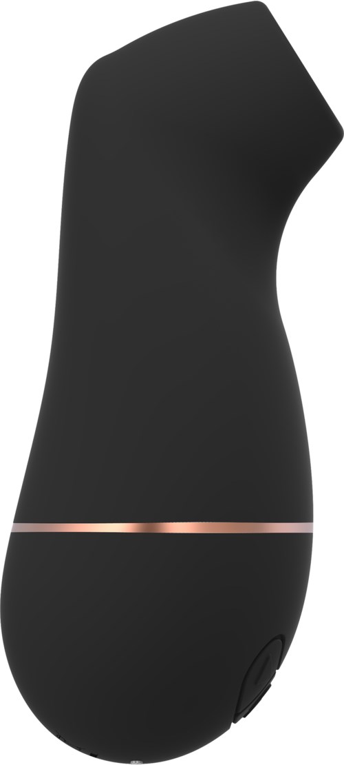 En svart, ergonomisk enhet med en buet form og en tynn, metallisk stripe rundt den, sannsynligvis en teknologisk gjenstand.