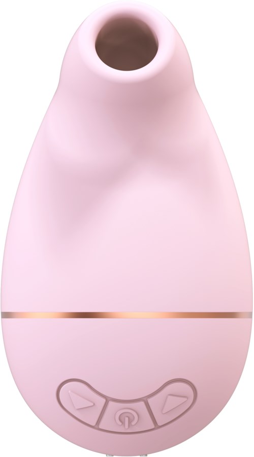 En liten rosa enhet med et hull øverst og knapper nederst, kanskje et kosmetikk- eller helseverktøy.