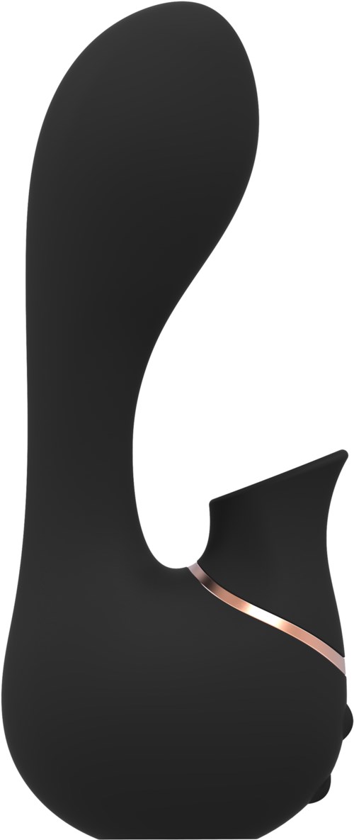 A black neck massager with a curved shape and a pink light strip, designed to fit around the neck.