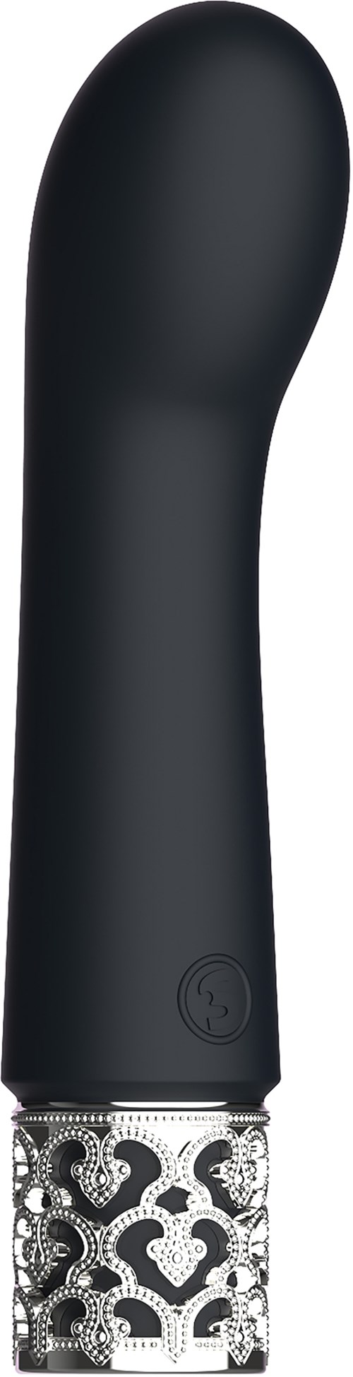 A black, curved object with a decorative metallic base, resembling a garden or artistic sculpture.