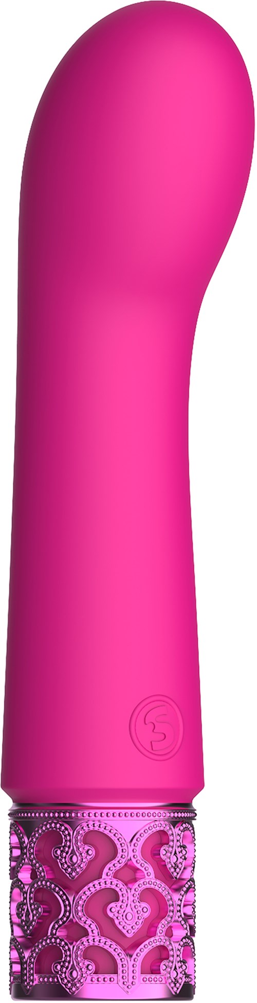A pink, curved object with a decorative, ornate base and a smooth, rounded top.