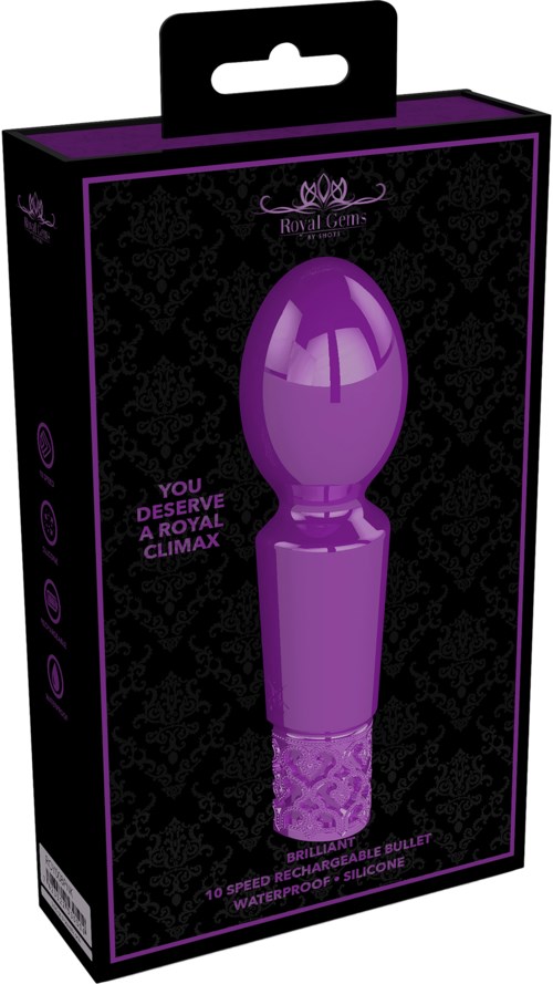 En svart låda med lila och rosa detaljer som visar en lila pilformad enhet, troligen en massage- eller vibratoranordning.