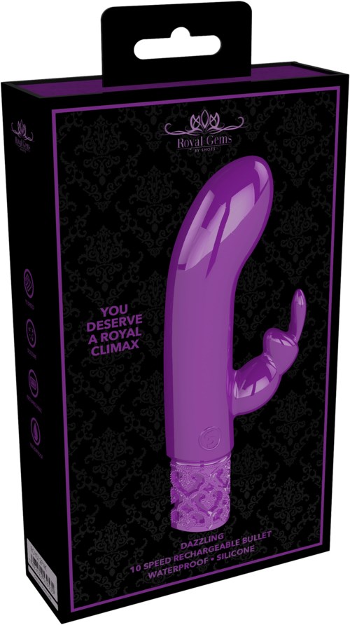 Pakken viser en lilla, kurvet, vanntett silikon vibrator med teksturert base og 10 innstillinger.