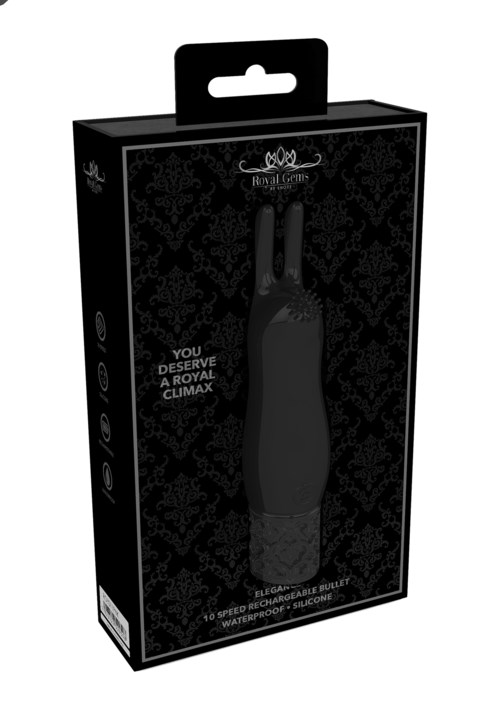 Boxen innehåller en svart, elegant, vattentät silikonbullevibrator med 10 hastigheter, för njutning.