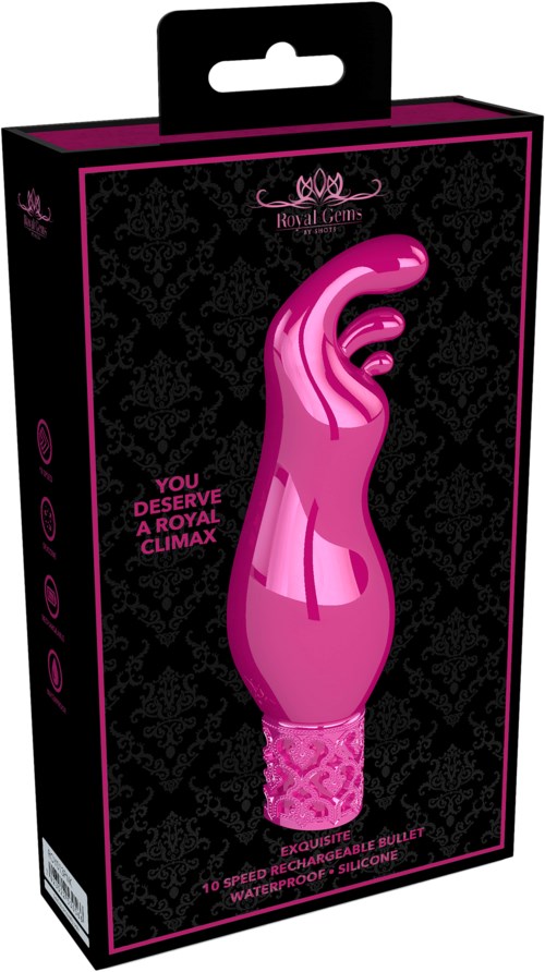 A pink vibrator with a curved tip and textured base in black and pink packaging with elegant design.