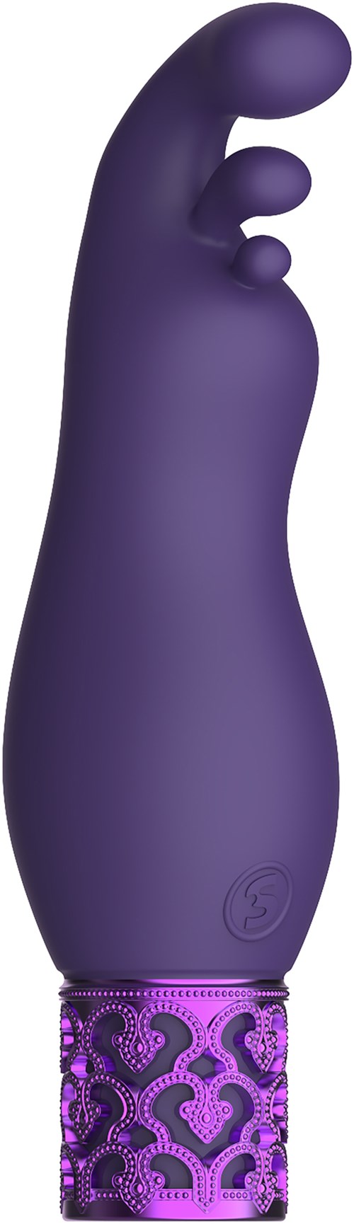 A purple vibrator with a decorative base, shaped like a hand with curved fingers.