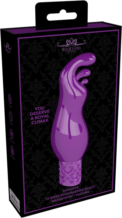 A purple, hand-shaped object in a box, labeled as waterproof, silicone, and for sexual pleasure, with floral designs.