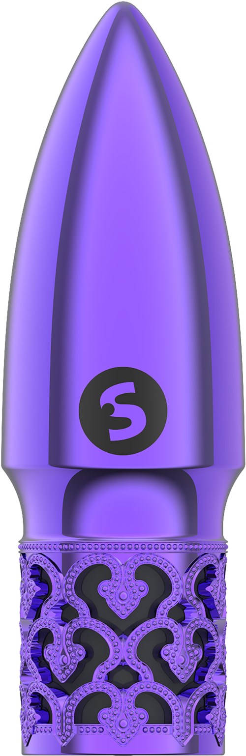 A purple lipstick with an ornate design on the lower part and a round logo near the top.