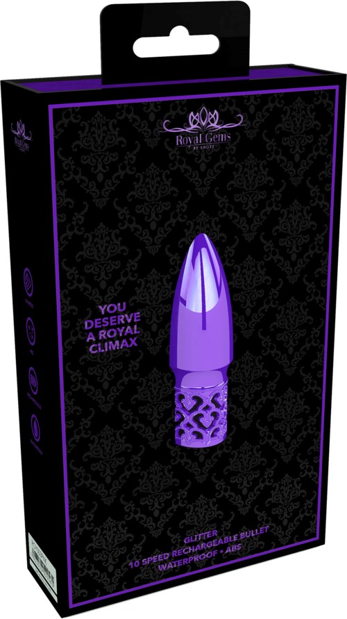 A black box with purple accents and patterns, showing a purple bullet-shaped item and the text about a water-proof, fast-charging toy.