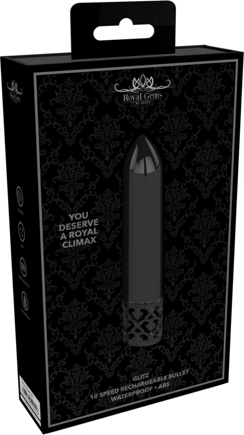 En svart emballasjepakke for en oppladbar kulevibrator med stilfull design og merke, som hevder å ha kongelig kvalitet.