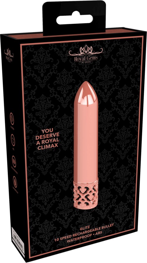 The packaging shows a rose pink, bullet-shaped vibrating device with a decorative base. Text highlights it is waterproof and rechargeable.