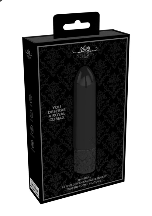 A black box with a product inside, labeled as waterproof and silicone, designed for pleasure, with royal crown branding.