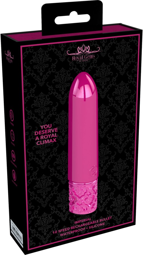 Packaging for a pink personal massager, labeled as waterproof and silicone, with themes of luxury and self-care.