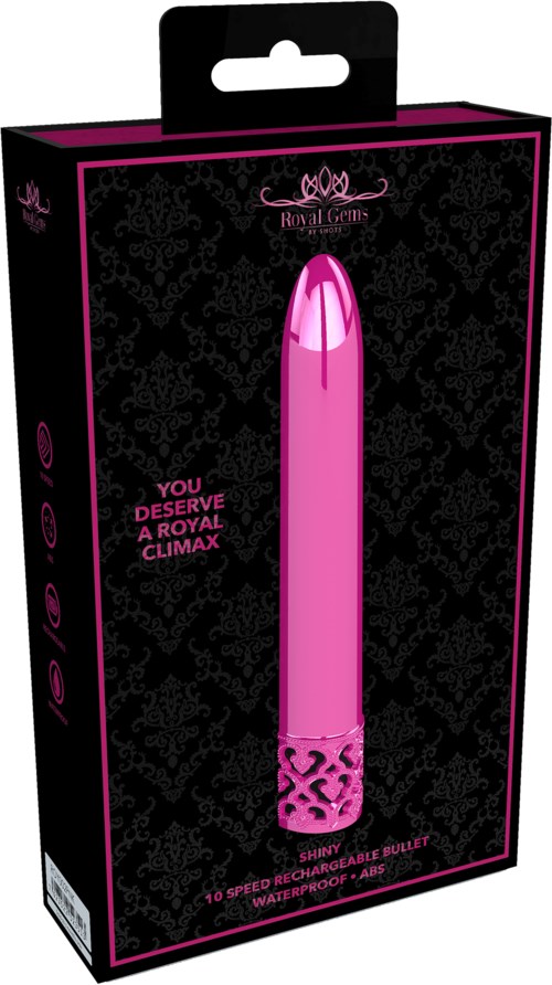 En rosa vibrator i form av en kula i ett svart och rosa förpackning med en kunglig krona och text.