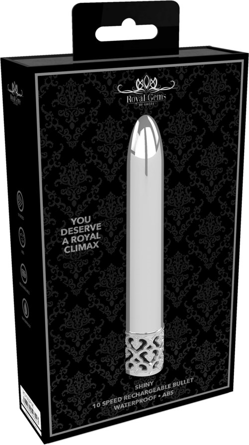 A white bullet-shaped device in a black decorative box, with text about its features and branding, Royal Gems.
