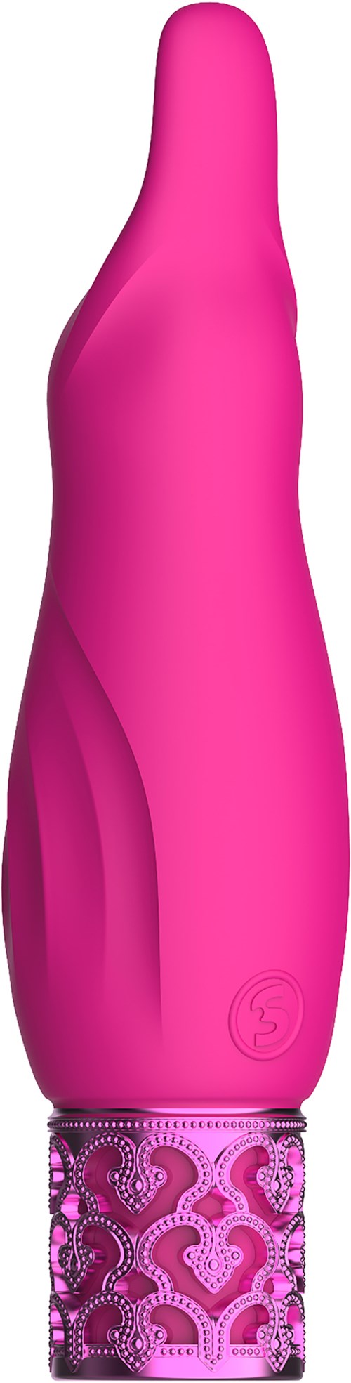 Ett rosa, kurvat föremål med ett mönstrat fäste, möjligen en personvårdsprodukt eller leksak.