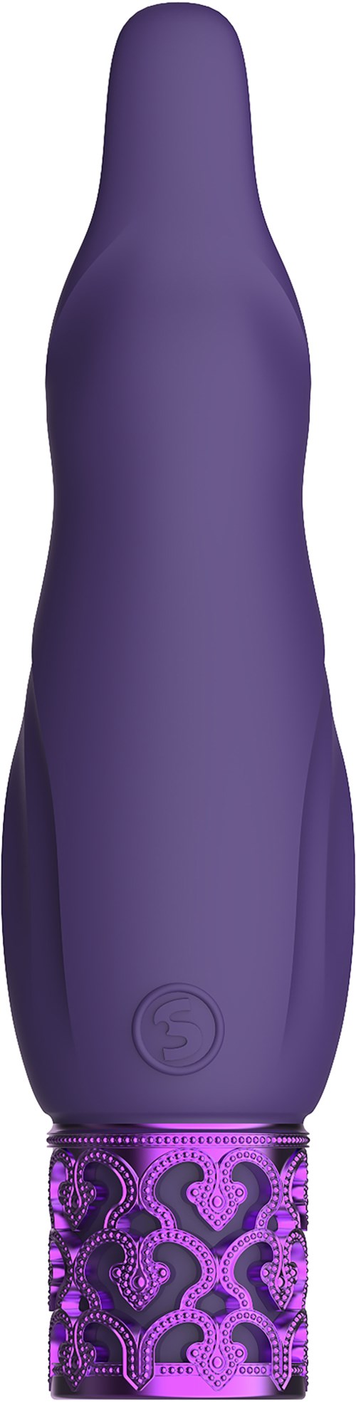 En lila vibrator med ett mönstrat bas, står upprätt. Den är slät med en rundad spets och en strömbrytare.