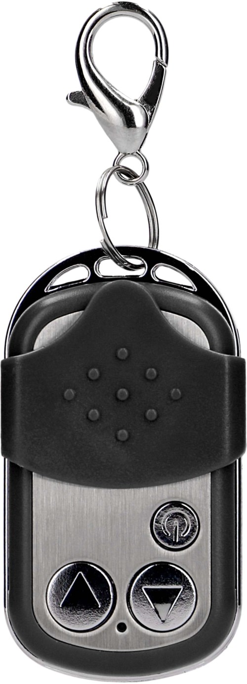A remote control with a metal clip at the top, black buttons, and a matte black and silver design.