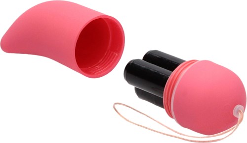 En rosa og svart leketønning med avtakbar rosa skall og en snor.
