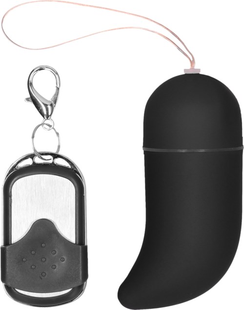 A black alarm with a strap and a metal keychain attached to it.