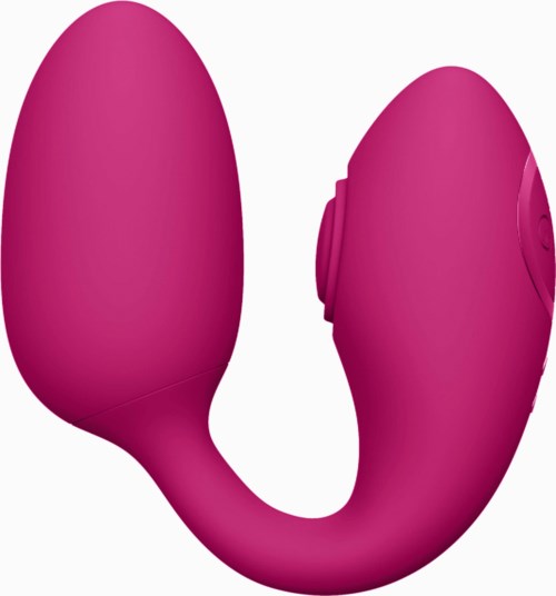 En pink personlig massager med U-form, rund ende og kontrolknap på siden.