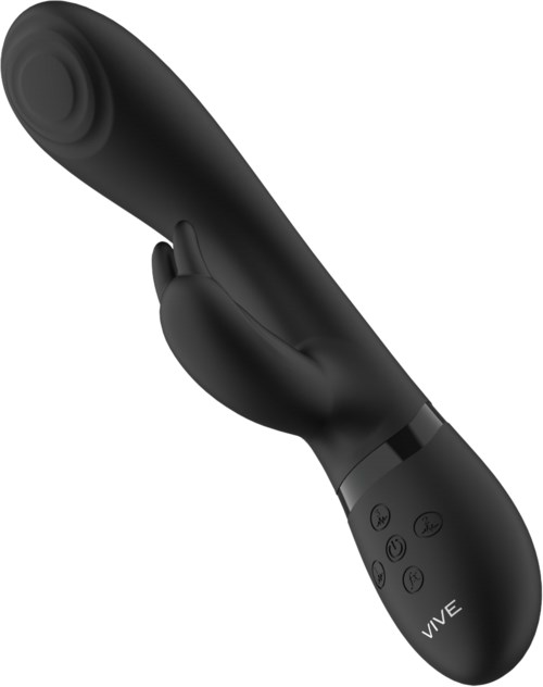A black virtual reality controller with buttons and a curved handle.