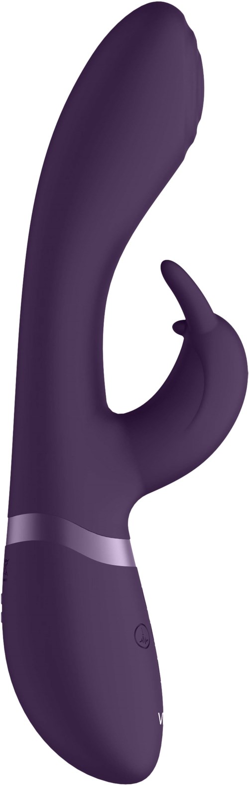 Ein lila gebogener Vibrator mit Griff und Spitze, für Erwachsene.