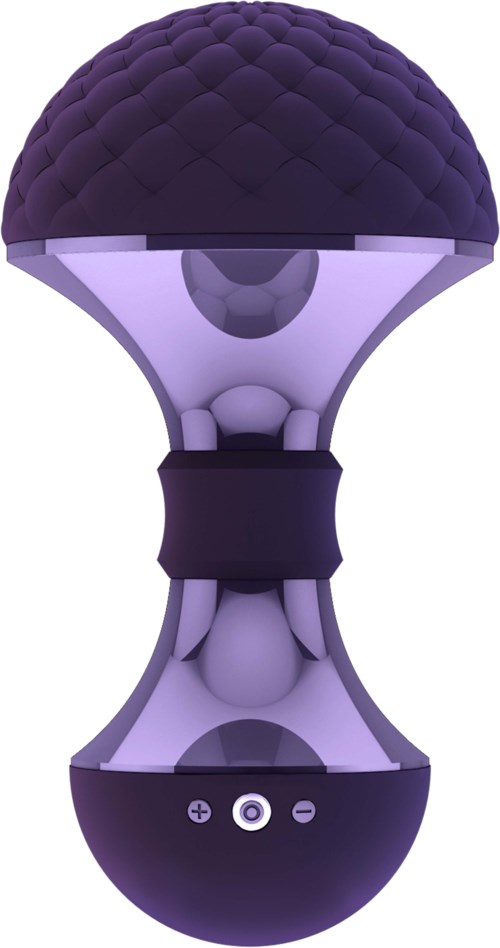Violetti taskulamppu, jossa on pyöreä, teksturoitu yläosa ja keskellä valo.