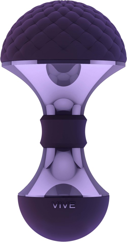 Violetti ja valkoinen virtuaalitodellisuusohjain, jossa on teksturoitu yläosa ja ergonominen muoto.
