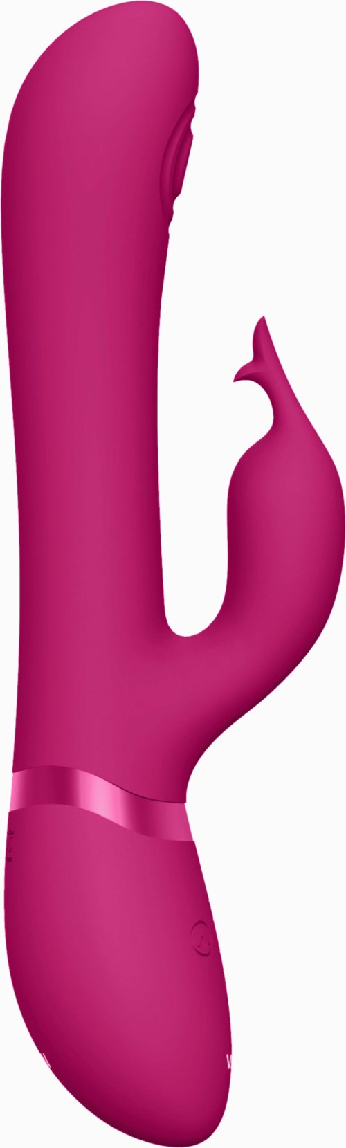 A pink, curved, personal massager with a smaller extension, designed for adult use.