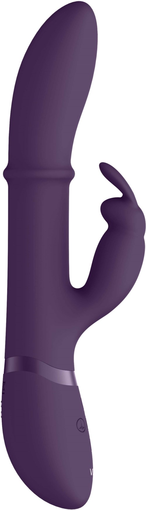 Ein lila, gebogener Vibrator mit handförmigem Griff und Tasten am Boden.