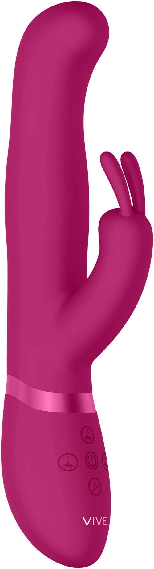 Eine pinkfarbene, gebogene Vorrichtung mit Bedienelementen und einem kleinen Logo am unteren Ende.