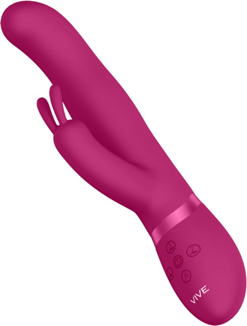 Ein pinkfarbener Vibrator mit Tasten und Display, glatt und geschwungen. Es hat einen Griff.