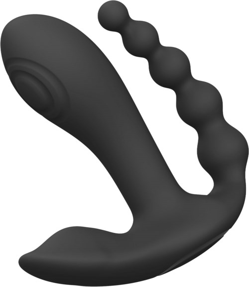 A black, curved sex toy with a textured, beaded anal plug attached.