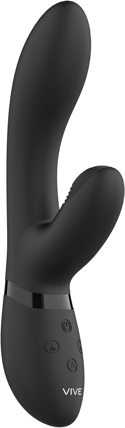 A black, curved adult toy with buttons for control, labeled 'VIVE' at the base.