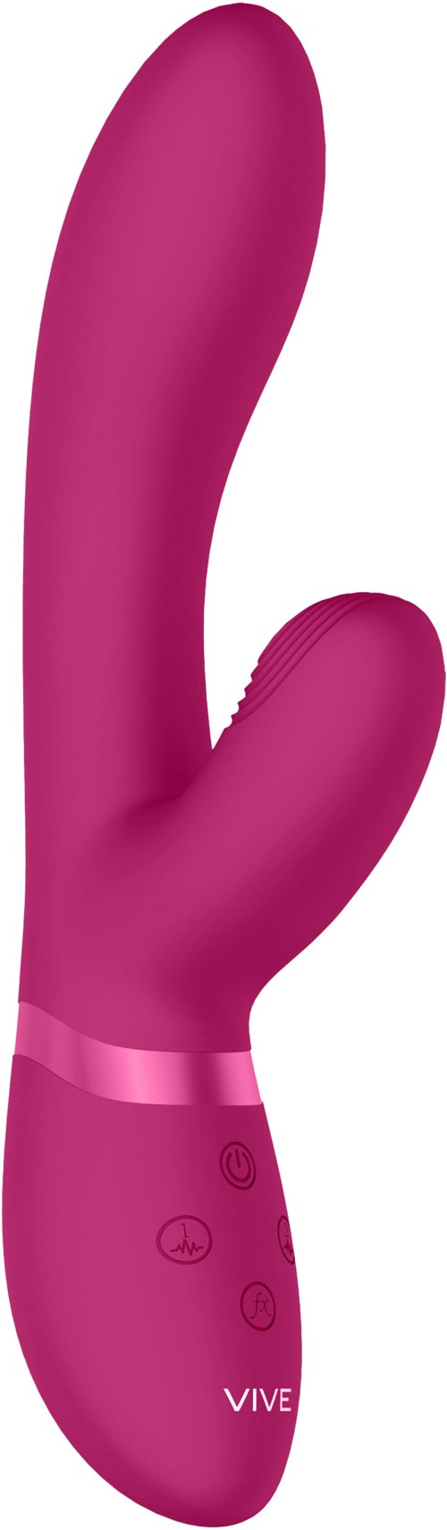 Lila, gebogener Sexspielzeug mit Kontrollknöpfen und dem Markennamen VIVE am unteren Ende.