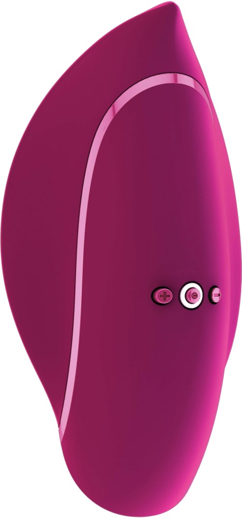 Een roze, gebogen apparaat met knoppen en een kleine opening, mogelijk een massagetoestel of elektronisch apparaat.