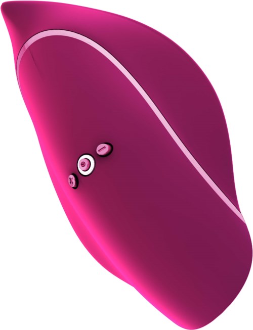 Een roze en paarse apparaat met knoppen, lijkt een persoonlijk verzorgings- of elektronisch apparaat.