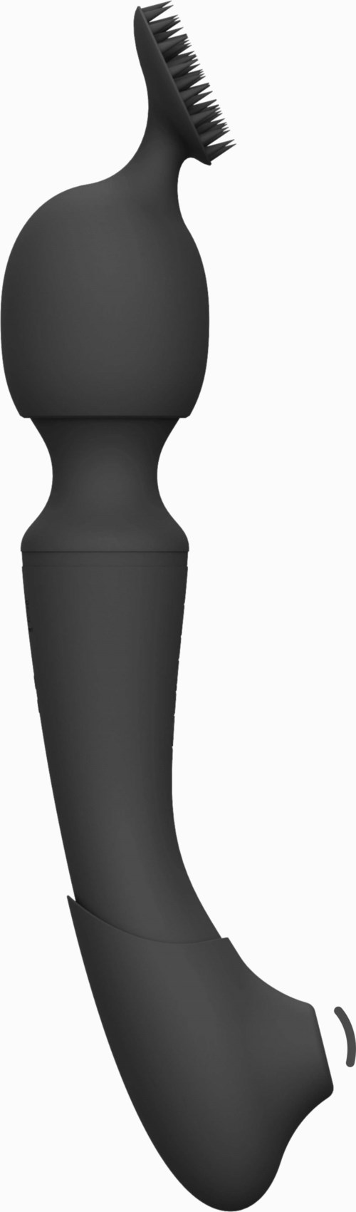 Een zwarte stofzuiger met gebogen handvat en schuine borstelkop.