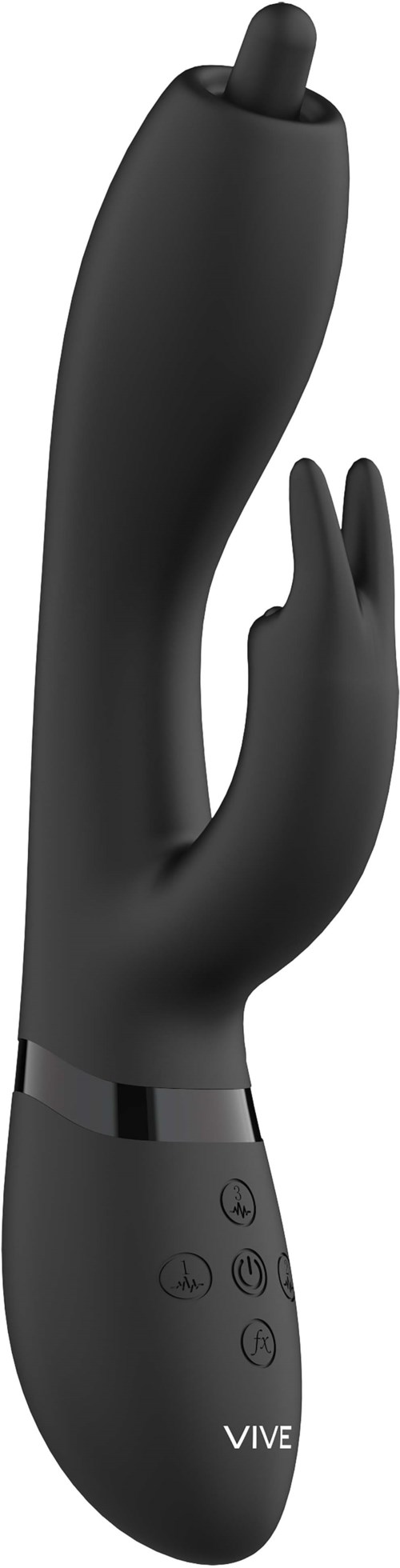 Een zwarte VR-controller gevormd als een hand met vingers in een vredesteken.