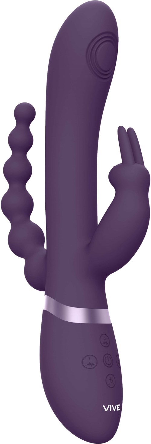 A purple adult toy with a textured arm, two fingers gesture, and control buttons on the handle. The brand name is VIVE.