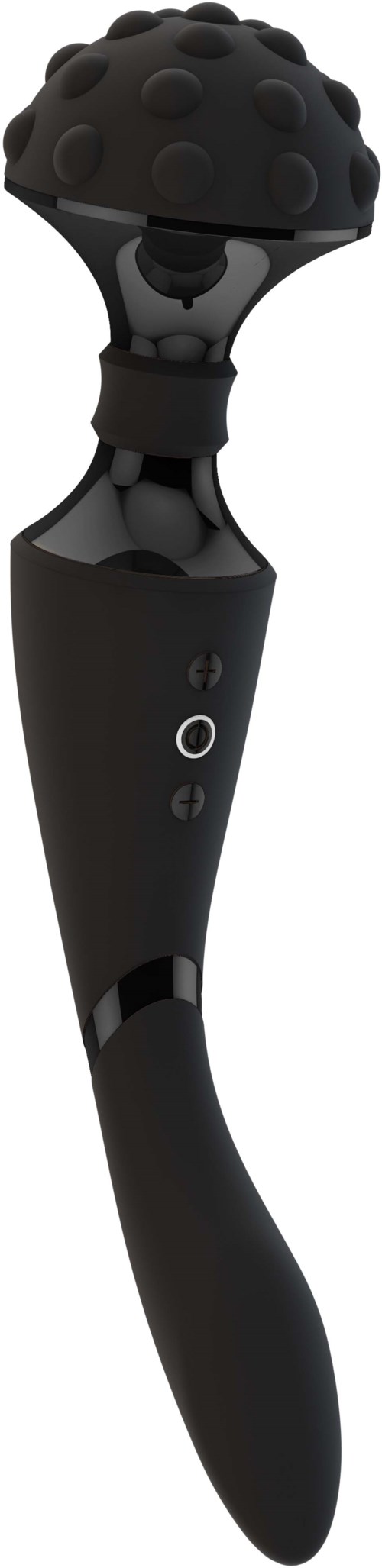 A black handheld massage device with a rounded, textured head and buttons on the handle.
