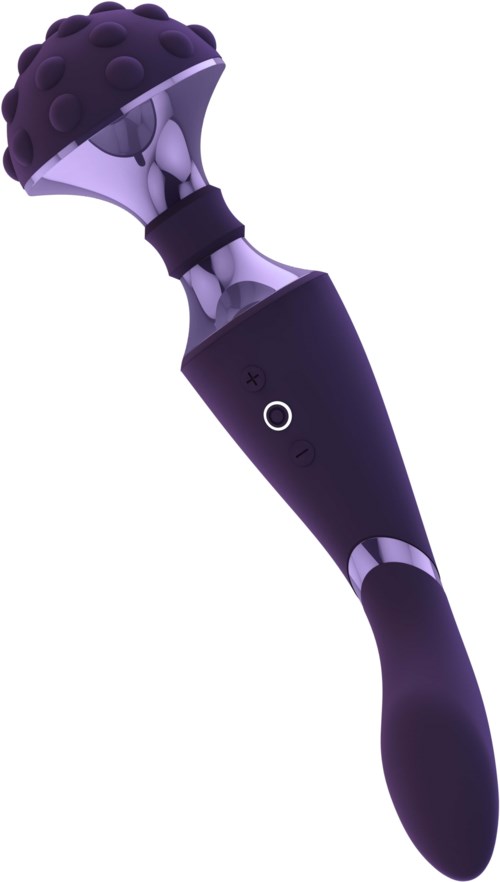 A purple massage device with a textured, spherical head and a handle with control buttons.