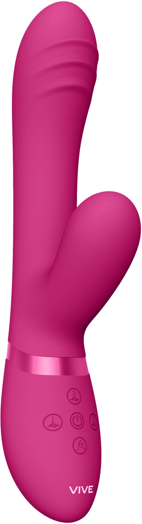 A pink, curved vibrator with control buttons and a textured tip, designed for adult use.
